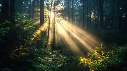 Obraz premium Sunbeams illuminate lush green forest trees nature sunlight peaceful rays dark path woods image photo