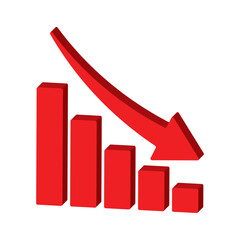 Red 3d arrow going down stock icon on white background. Bankruptcy, financial market crash icon for your web site design, logo, app, UI. graph chart downtrend symbol.chart going down sign.