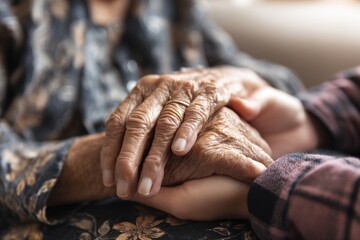 Elderly Woman with Alzheimer in Hospice Care with Caregiver Holding Hands