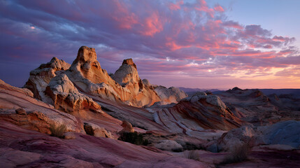 Fototapeta premium Spectacular sandstone formation under a sky ablaze with the vibrant hues of sunrise or sunset