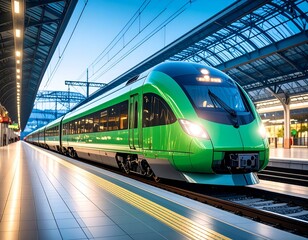 Naklejka premium Modern green high-speed train arriving at a railway station platform at dawn.