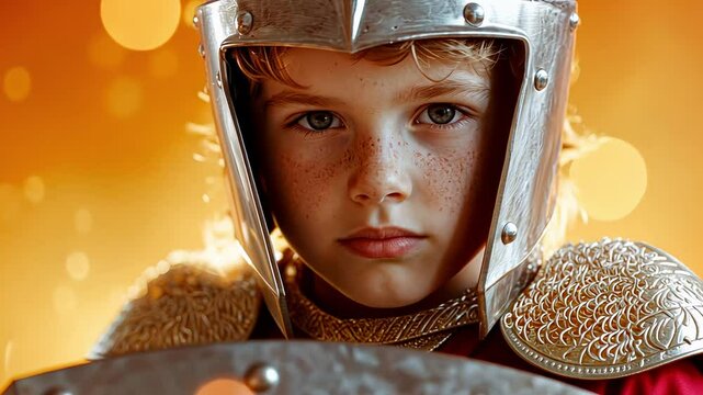 Young knight in armor with determined expression in glowing light.