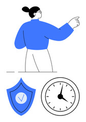 Woman gesturing confidently, shield with checkmark for security, clock for time management. Ideal for safety, reliability, responsibility, planning, punctuality, control simple landing page