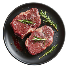 Succulent raw steaks adorned with rosemary sprigs awaiting culinary artistry, presented beautifully