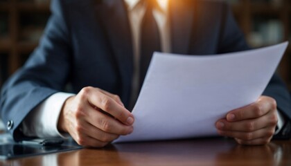 Obraz premium Business Professional Reviewing Document: A close-up shot of a professional, elegantly dressed in a suit, attentively reviewing a document at a polished wooden table.