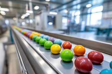 Colorful and vibrant interior of a chewing gum production facility showcasing the manufacturing process