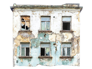 Dilapidated building facade with weathered paint and shattered windows on isolated background