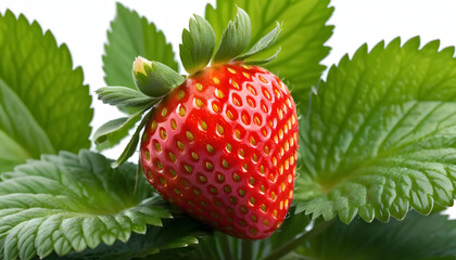 Shy Strawberry Hiding Behind Leaves &ndash; Cute Fruit Character on White Background