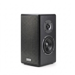 Obraz premium Black two-way bookshelf speaker with mesh grille covering the front, isolated on a white background