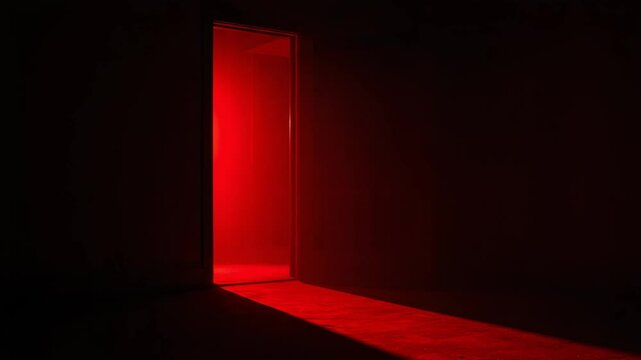 Red Light Illuminates Doorway in Dark Room - A dimly lit room is dramatically illuminated by a single red light emanating from an open doorway.  The contrast between the dark surroundings and the brig