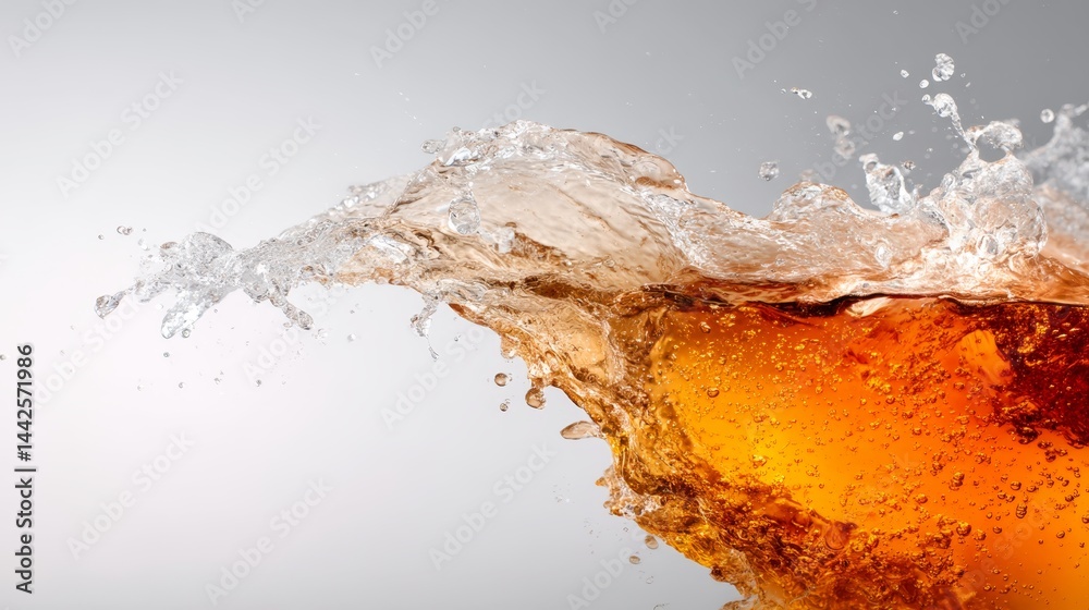 Poster Amber beer splashes dramatically against a white background, showcasing the fluid dynamics and textures while allowing for copy space to the left