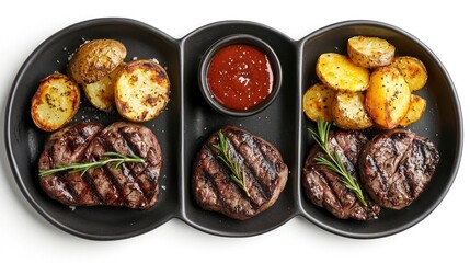Set of steak fillets with crispy potatoes and dipping sauce on black plates, top view on white background.