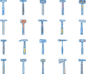 hammer tool construction icons hand drawn
