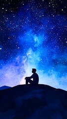 Fototapeta premium Dreamy Watercolor Silhouette of a Pensive Soul Under the Night Sky