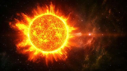 Bright sun radiates heat and light against starry cosmos background.