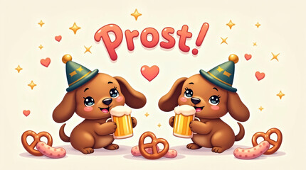 Obraz premium Cozy Oktoberfest image featuring two adorable chibi dachshunds in festive hats, pastel treats, and a cheerful “Prost!” in soft bubble text