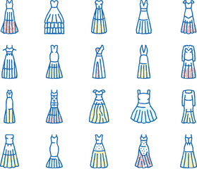 wedding dress bride woman icons hand drawn