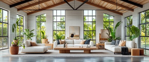 Light-filled, modern farmhouse living room with lush greenery and natural elements