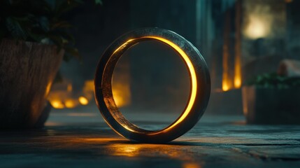An illuminated circular object rests on a wooden surface