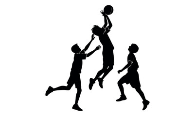 Silhouette of children playing basketball, Dynamic silhouette black and white vector three children playing basketball. youth, children, sports, active, playing, game, jump, catch, run, athletes, comp