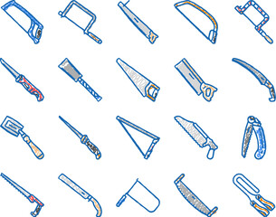 saw hand wood construction icons hand drawn