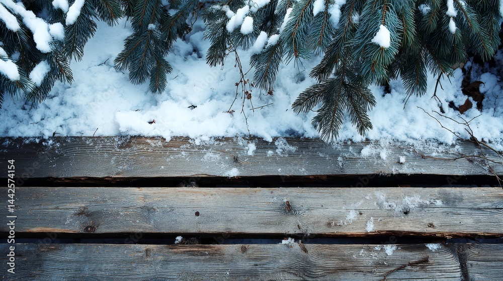Poster rough wooden planks covered in fresh snow create an inviting winter atmosphere, with fir branches ge