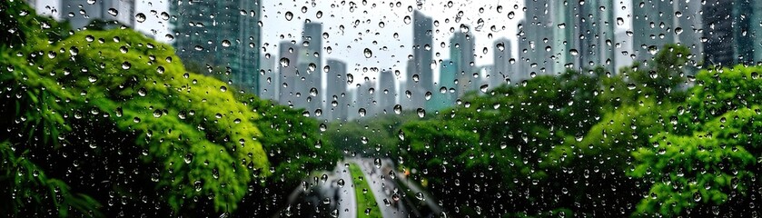 Raindrop on a window capturing landscape, water, and city mood concept. Rainy city landscape with lush greenery and urban skyline.