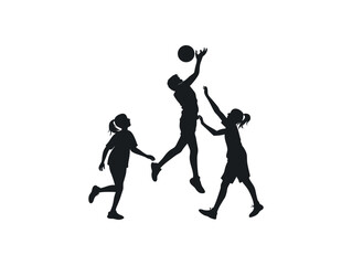 Silhouette of children playing basketball, Dynamic silhouette black and white vector three children playing basketball. youth, children, sports, active, playing, game, jump, catch, run, athletes, comp