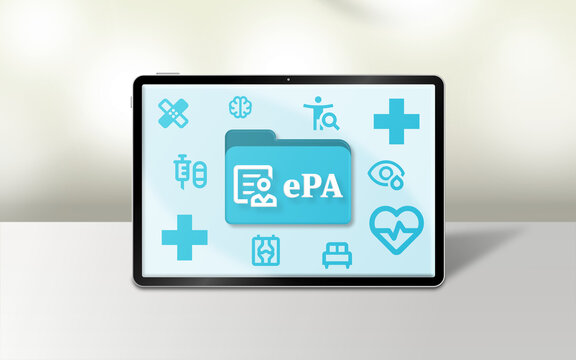 epa symbolbild - elektronische patientenakte als grafik auf tablet mit leichtem 3d effekt und schatten unscharfer hintergrund