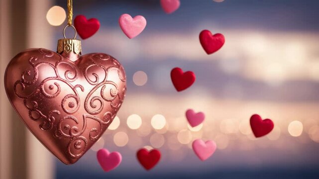 Romantic Rose Gold Heart Ornament with Falling Hearts - A rose gold heart-shaped ornament hangs delicately, adorned with intricate swirling patterns.  Surrounding it