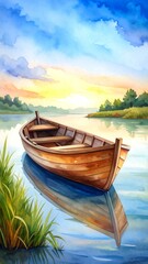 Obraz premium Tranquil Watercolor of an Old Wooden Boat on a Misty Lake at Sunrise