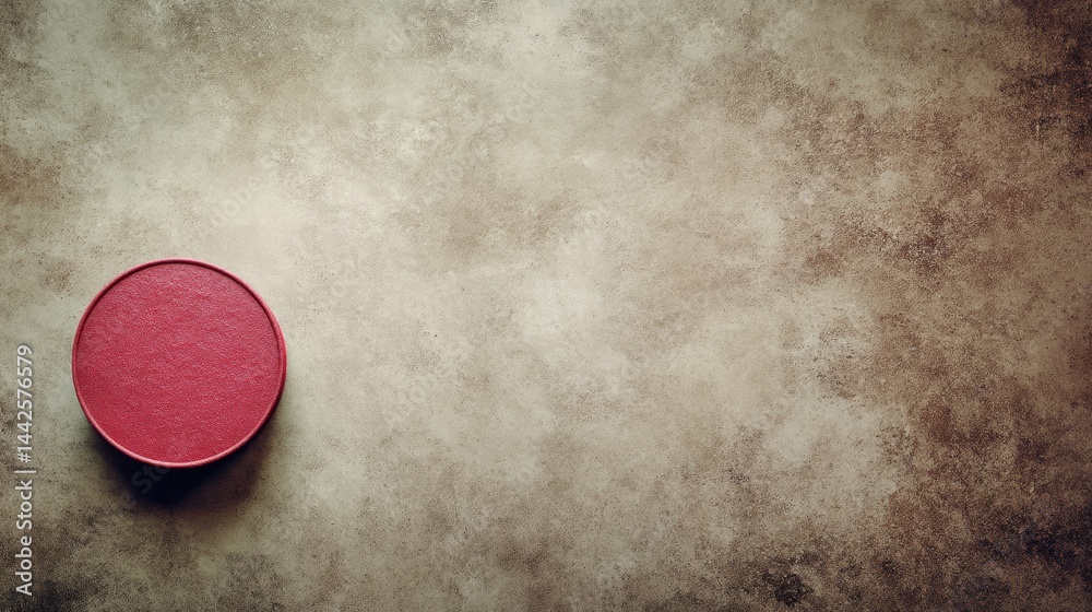 Aufkleber A vivid red object contrasts against a neutral-toned surface, creating a striking visual effect with ample copy space on the left side for added text