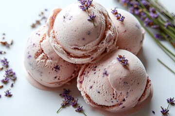 Fototapeta premium Lavenderinfused ice cream delight on white background with fresh blossoms
