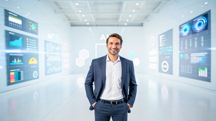 Confident Businessman in Modern Office Space with Digital Analytics Display