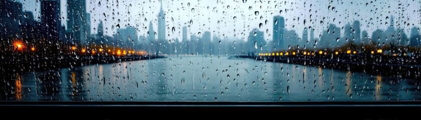 Raindrop on a window capturing landscape, water, and city mood concept. City skyline reflected in water with rain and moody atmosphere.