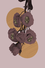 Sketch image trend artwork montage photo collage of bloom plant botanical nature season caricature african woman face appear rose flower