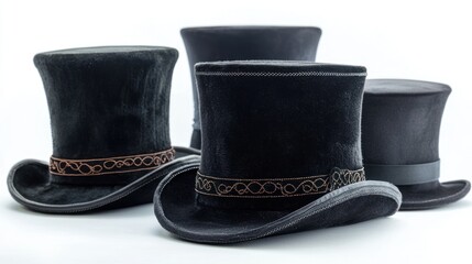 Set of tall Victorian-style top hats with decorative stitching on white surface.