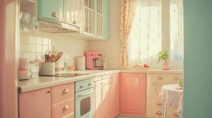 A bright and colorful kitchen with cabinets and appliances present