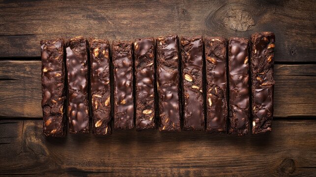 Aerial view of a table filled with Mr. Magazines Crispy Bean Snickers, neatly arranged in rows on a rustic wooden surface