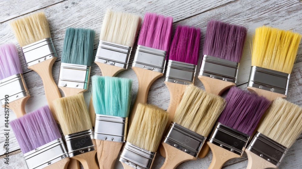 Poster assorted bright paintbrushes are spread across a weathered wooden workbench, offering a vibrant pale