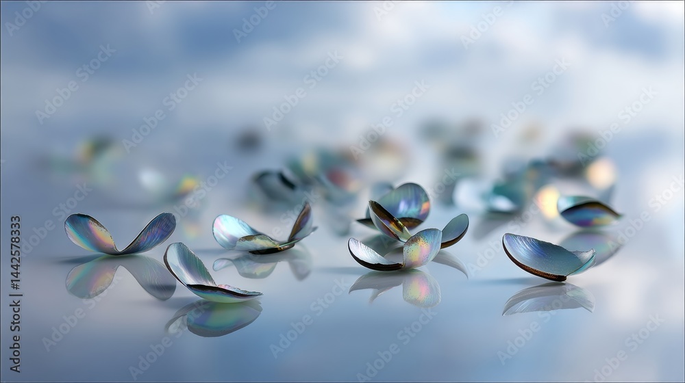 Poster Iridescent petals spread across a glossy surface, displaying soft reflections and vivid rainbow colors, with ample copy space for any text or design elements