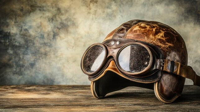 A vintage leather aviator helmet and aged goggles resting on a weathered wooden table in soft natural light