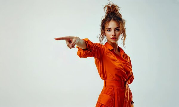 Confident stylish woman in orange outfit pointing directly with assertive pose and minimal backdrop