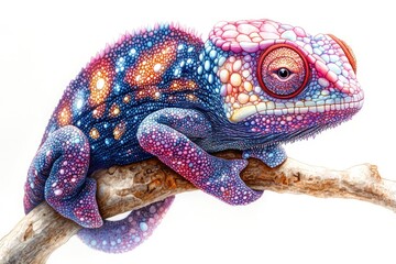 Obraz premium Vividly colored chameleon perched on a branch.
