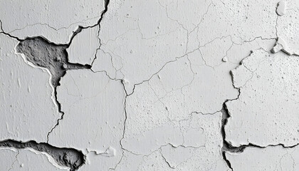 Obraz premium Old white concrete wall with cracks and peeling paint, close up, 8k photorealism. with white shades