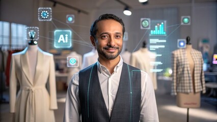 Professional male in modern fashion studio surrounded by artificial intelligence technology