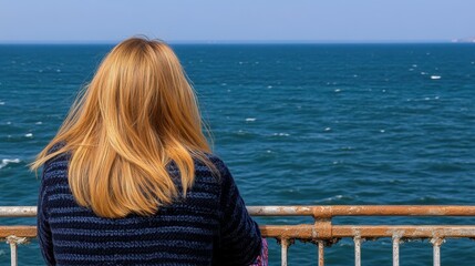 Fototapeta premium A woman with long blonde hair is standing on a railing overlooking the ocean. She is wearing a blue sweater