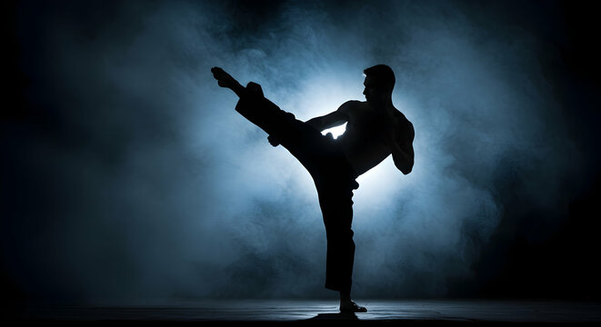 Silhouetted martial artist executing a powerful high kick amidst atmospheric smoke and dramatic lighting