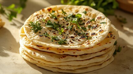 A stack of flatbreads with charred marks on a light olive background 