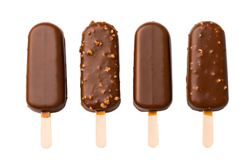 Four chocolate-covered ice pops with sprinkles isolated on transparent background